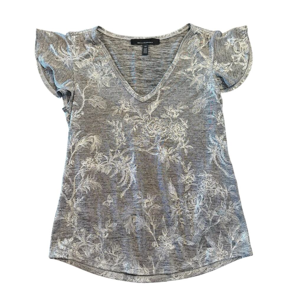 White house Black Market silver ruffle floral v-neck tee, Size XS - Picture 2 of 7